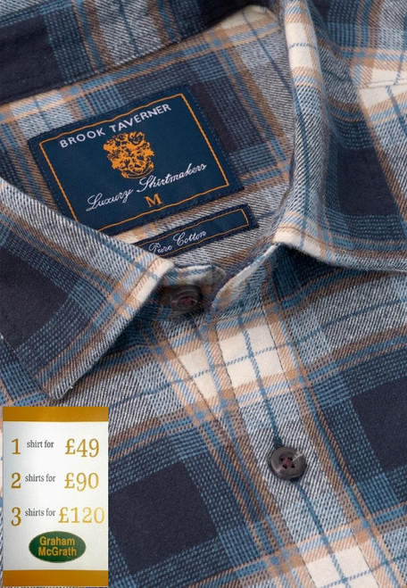 Brook Taverner - Regular Fit Navy and Ecru Check Cotton Shirt