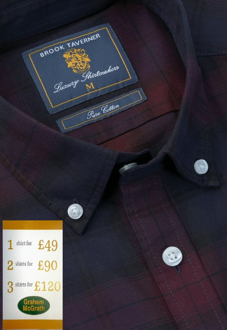 Brook Taverner - Regular Fit Burgundy and Black Tartan Shirt