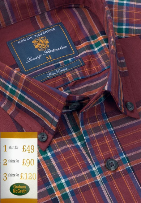 Brook Taverner - Regular Fit Burgundy Oversize Check Cotton Shirt