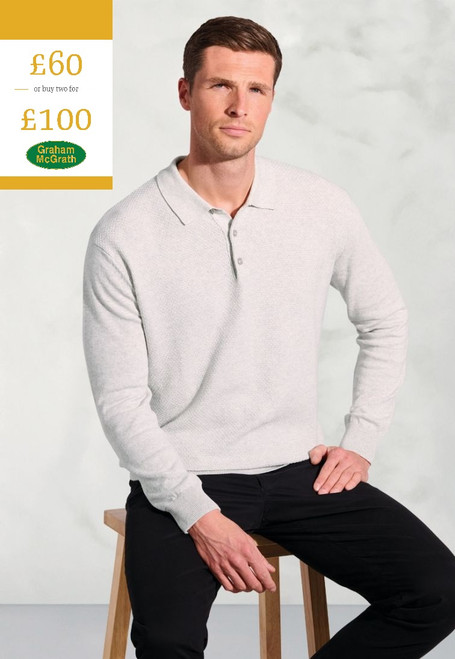 Brook Taverner - Norwood Silver Grey Textured Cotton Long Sleeve Polo