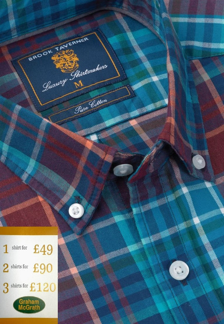Brook Taverner - Regular Fit Teal Melange Check Cotton Shirt Brook Taverner - Regular Fit Teal Melange Check Cotton Shirt