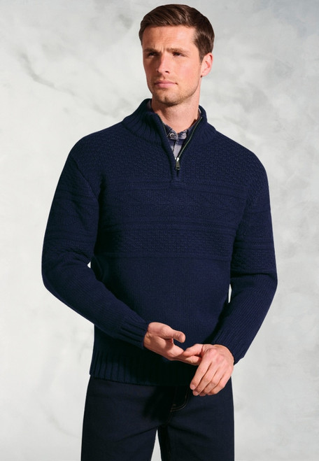 Brook Taverner -Eton Navy Textured Lambswool Zip Neck Jumper