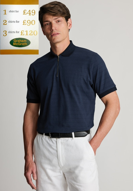 Brook Taverner -Knaresborough Navy Popcorn Textured Stripe Zip Neck Cotton Polo Shirt