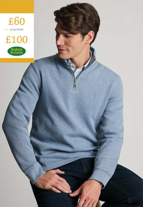 Brook Taverner -Redgrave Blue Melange French Rib Cotton Zip Neck Jumper