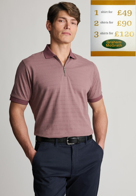 Brook Taverner - Knaresborough Mauve Popcorn Textured Stripe Zip Neck Cotton Polo Shirt