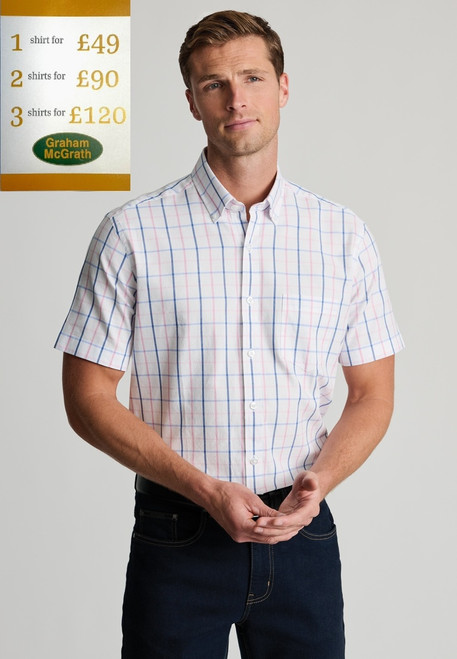 Brook Taverner - Regular Fit Pink Tattersall Check Oxford Cotton Short Sleeve Shirt