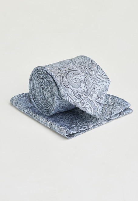 Brook Taverner - Blue Paisley Pure Silk Tie and Pocket Square Set