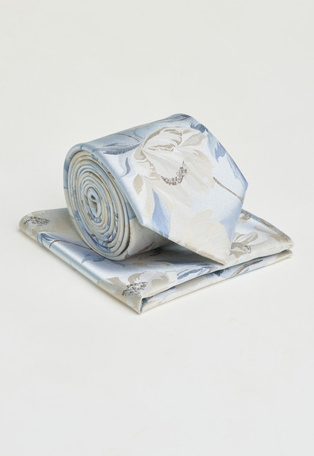 Brook Taverner - Sky Blue Large Floral Pure Silk Tie and Pocket Square Set