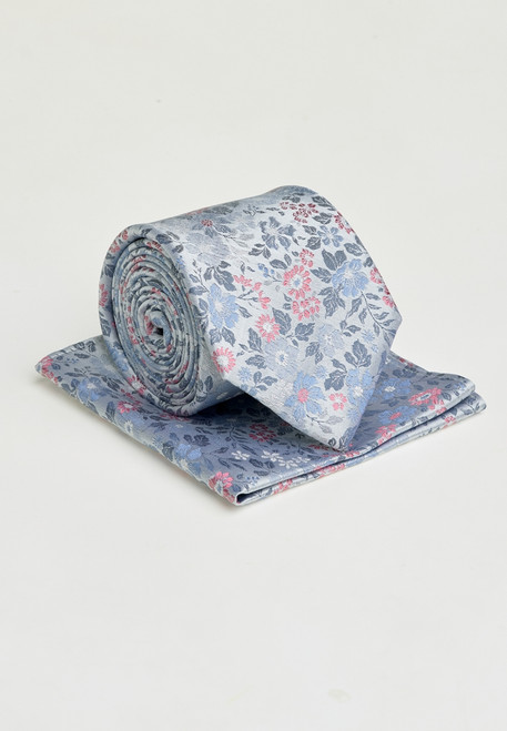 Brook Taverner -Pale Blue Subtle Floral Pure Silk Tie and Pocket Square Set