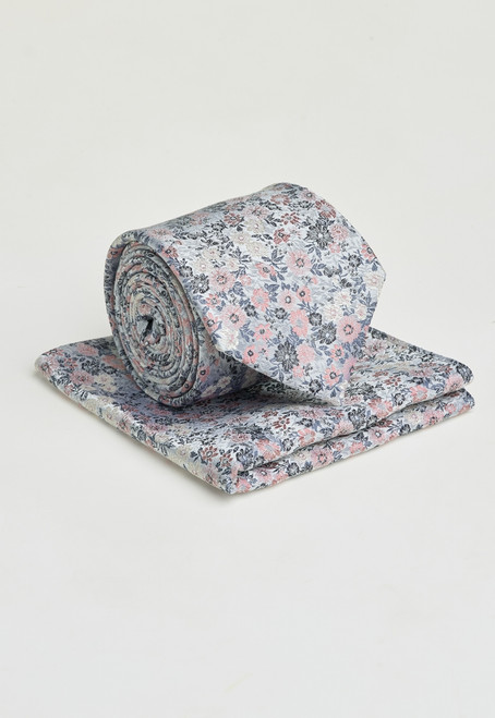 Brook Taverner - Pink and Blue Ditsy Floral Pure Silk Tie and Pocket Square Set