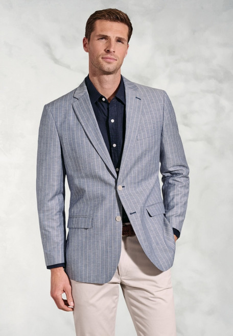 Brook Taverner - Regular Fit Tarantino Blue Stripe Linen Blend Jacket