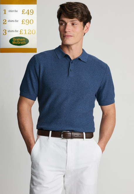 Brook Taverner - Selby Denim Blue Textured Cotton Knitted Polo Shirt