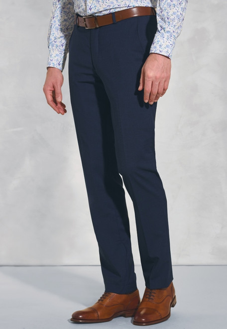 Brook Taverner -Tailored Fit Cassino Navy Check Washable Suit Trousers