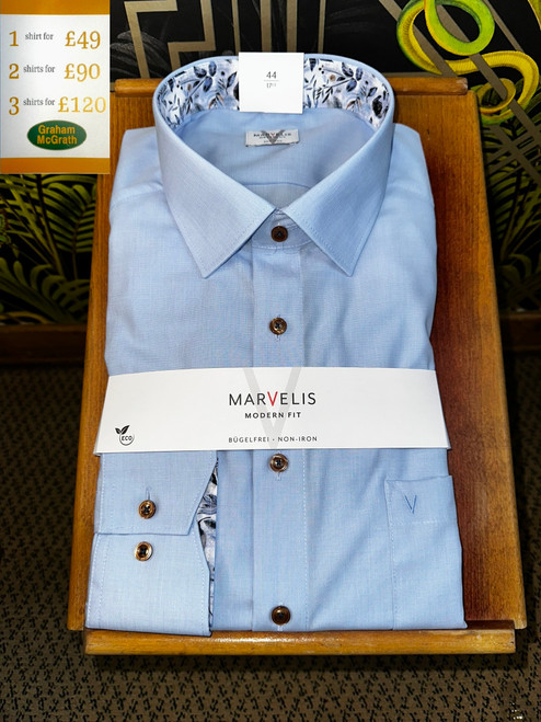Marvelis - Light Blue Shirt with Tan Buttons and Trim Detail
