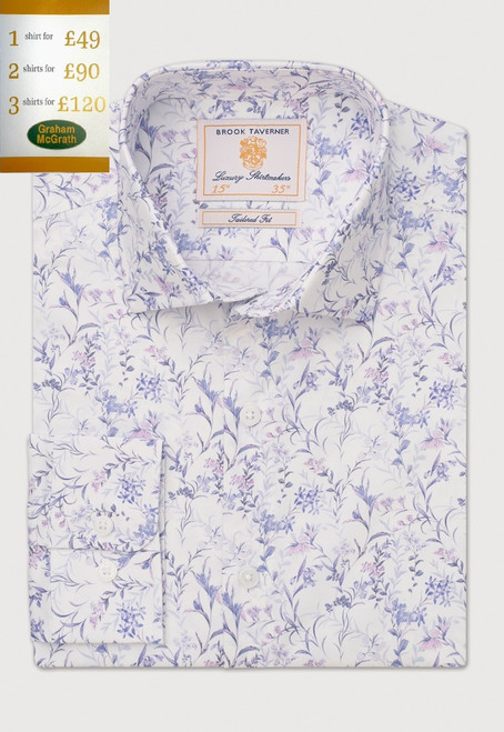 Brook Taverner - Tailored Fit Cornflower Blue Snowdrop Print Stretch Cotton Shirt