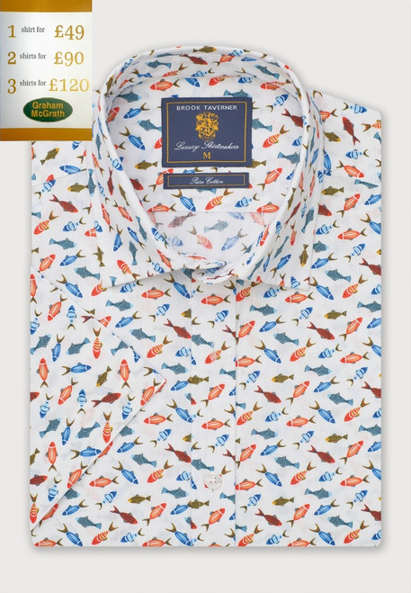 Brook Taverner - Regular Fit Multicoloured Fish Print Short Sleeve Shirt