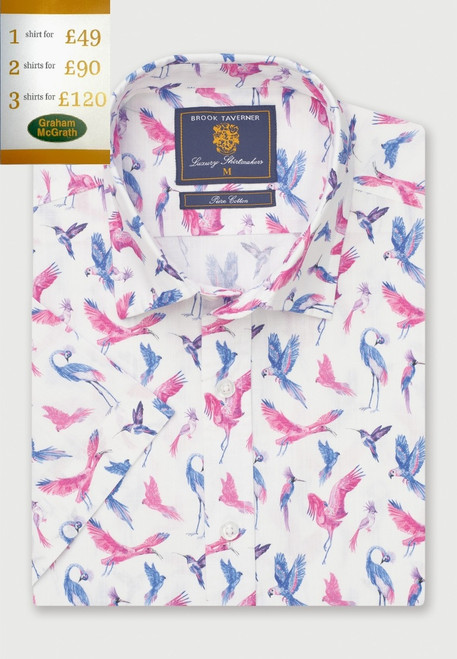 Brook Taverner - Regular Fit Pink Bird Print Short Sleeve Shirt