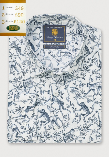 Brook Taverner - Regular Fit Navy Monkey Print Cotton Shirt