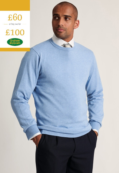 Brook Taverner - London Sky Blue Cotton Merino Crew Neck Jumper