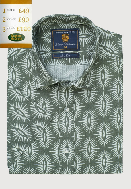 Brook Taverner - Regular Fit Khaki Geometric Print Seersucker Short Sleeve Shirt