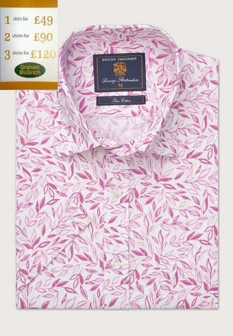 Brook Taverner - Regular Fit Mauve Botanical Print Slub Cotton Short Sleeve Shirt