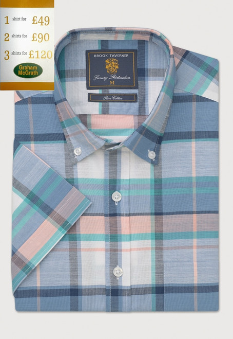 Brook Taverner - Regular Fit Blue Check Slub Cotton Short Sleeve Shirts