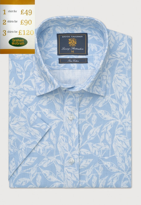 Brook Taverner - Regular Fit Sky Blue Botanical Print Slub Cotton Short Sleeve Shirt