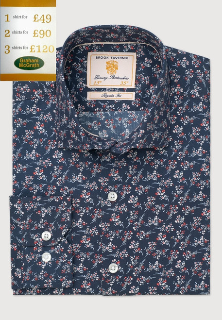 Brook Taverner - Regular Fit Navy Floral Print Cotton Shirt