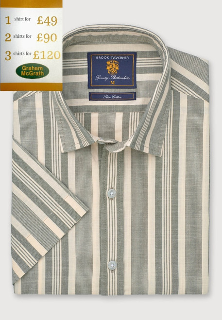Brook Taverner - Regular Fit Khaki Cotton Slub Stripe Short Sleeve Shirt