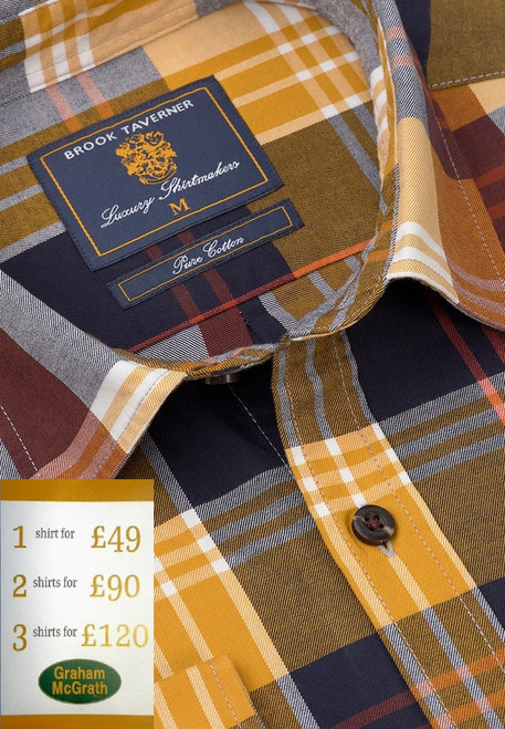 Brook Taverner - Regular Fit Mustard Large Check Cotton Shirt