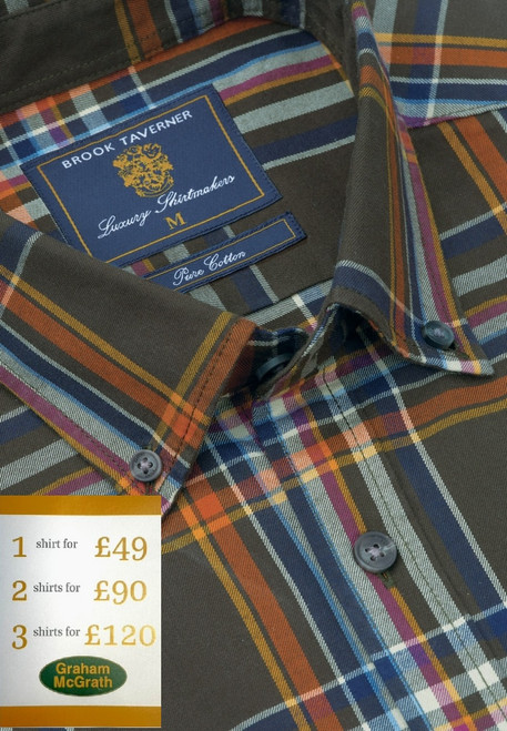 Brook Taverner - Regular Fit Khaki Large Plaid Cotton Shirt