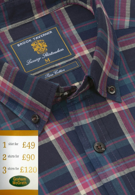 Brook Taverner - Regular Fit Navy and Plum Small Plaid Herringbone Cotton Shirt