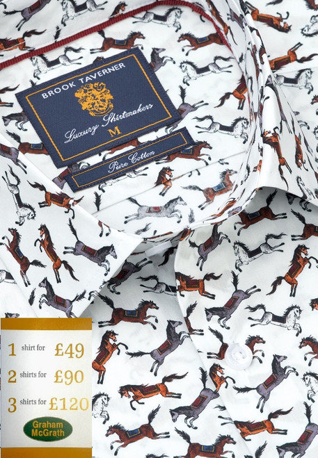Brook Taverner - Regular Fit Ecru Horse Print Cotton Shirt