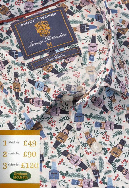 Brook Taverner - Regular Fit Ecru Nutcracker Print Cotton Shirt