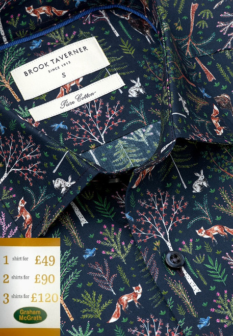Brook Taverner - Regular Fit Navy Woodland Print Cotton Shirt