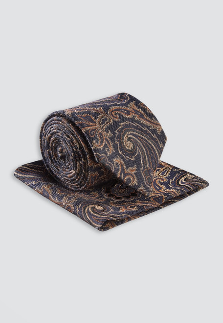 Brook Taverner - Gold Paisley Silk Blend Tie and Pocket Square Set