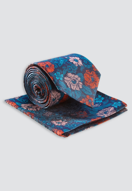 Brook Taverner - Teal Multi Floral Pure Silk Tie and Pocket Square Set