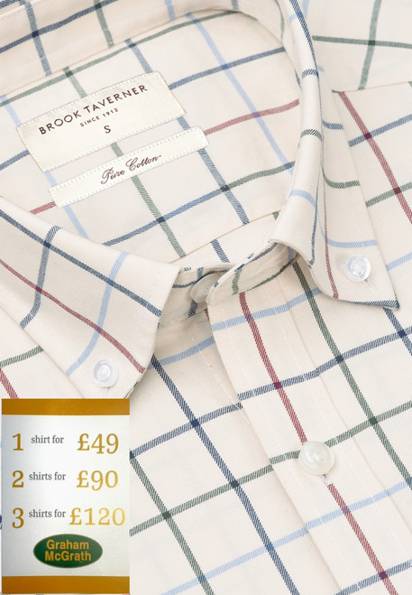 Brook Taverner - Regular Fit Ecru Large Tattersall Check Cotton Shirt