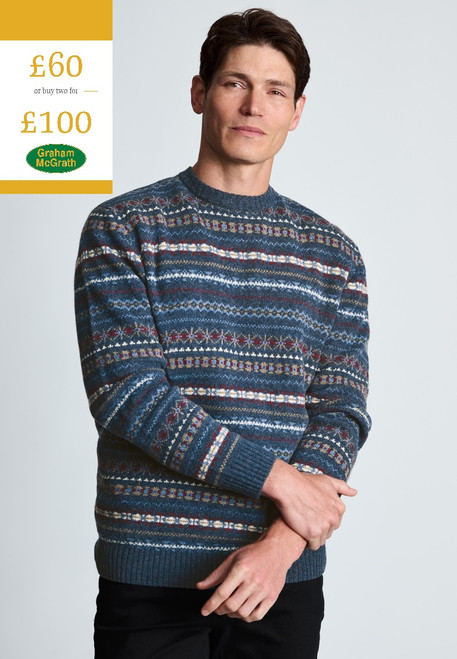 Brook Taverner - Holywell Blue Fairisle Lambswool Blend Crew Neck Sweater