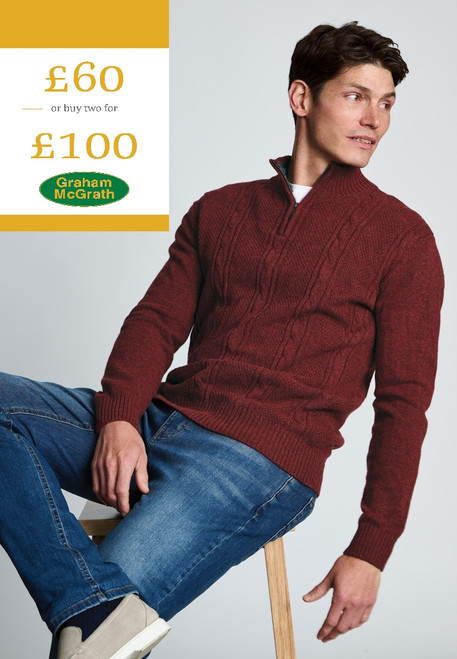 Brook Taverner - Quantock Red Cable Lambswool Blend Quarter Zip Jumper
