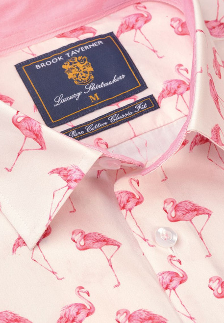 Brook Taverner - Regular Fit Flamingos Print Cotton Shirt