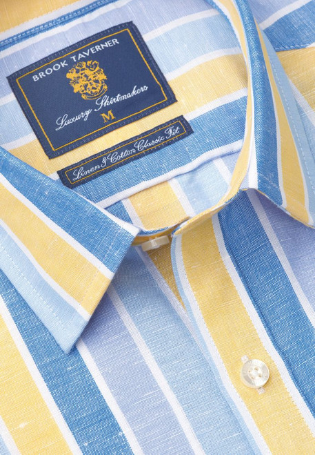 Brook Taverner - Regular Fit Yellow Stripe Linen Cotton Short Sleeve Shirt