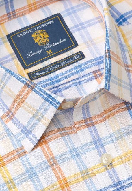 Brook Taverner - Regular Fit Blue Check Linen Cotton Short Sleeve Shirt