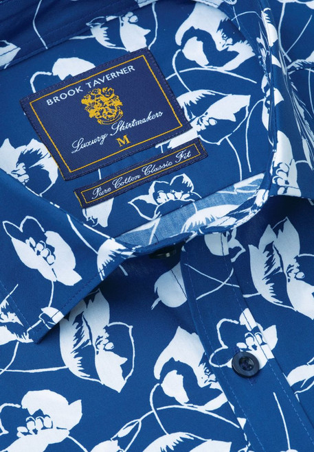 Brook Taverner - Regular Fit Navy and Ecru Tropical Flower Print Cotton Shirt