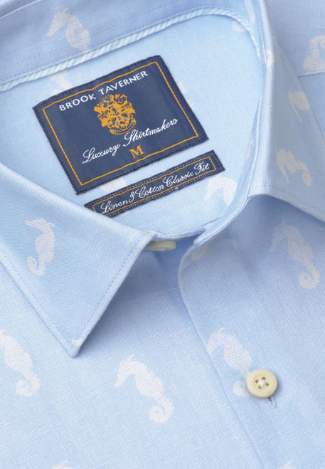 Brook Taverner- Tailored Fit Blue with Seahorses Print Linen Cotton Shirt