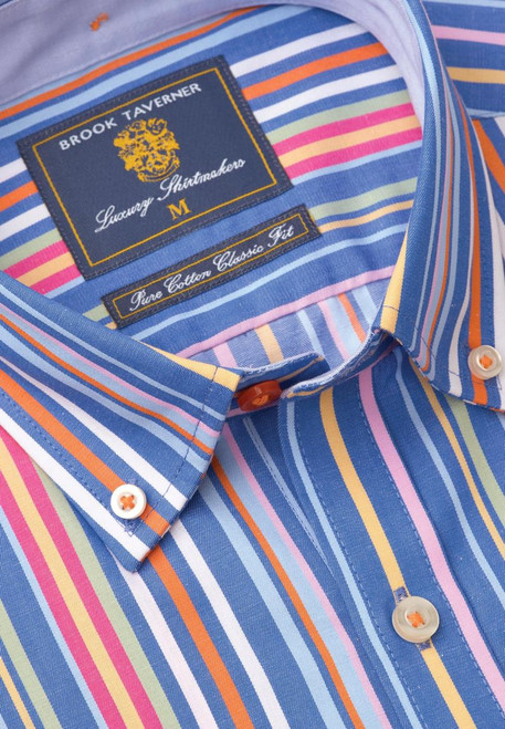 Brook Taverner - Regular Fit Navy Multicolour Stripe Cotton Short Sleeve Shirt