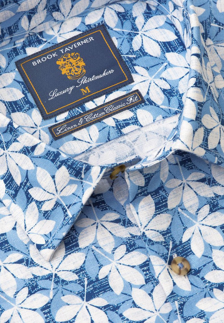 Brook Taverner - Regular Fit Blue Floral Print Linen Cotton Short Sleeve Shirt