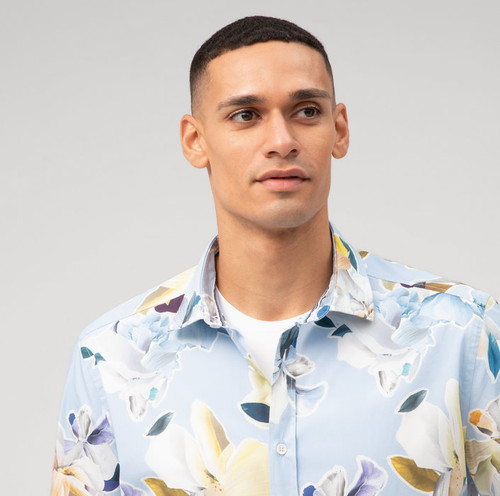 Olymp Sky Blue Floral Print Shirt - Short Sleeve