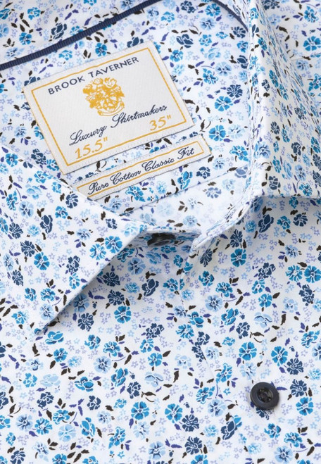 Brook Taverner - Tailored Fit Blue and Aqua Floral Cotton Shirt