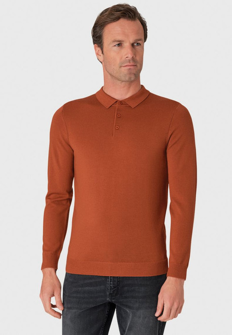 Brook Taverner - Plockton Burnt Orange Merino Wool Long Sleeve Polo Shirt